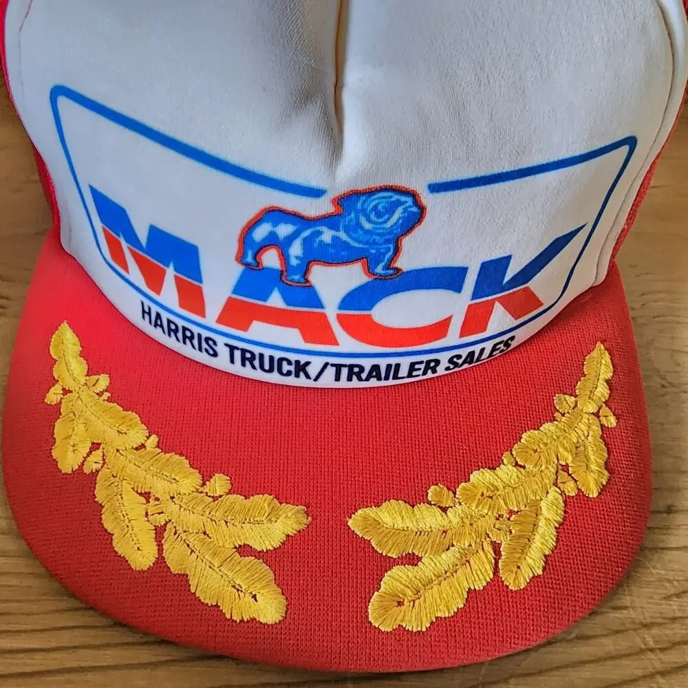 Mack Trucker Hat Harris Sales Bulldog Snapback Men's Red White Gold Leaves